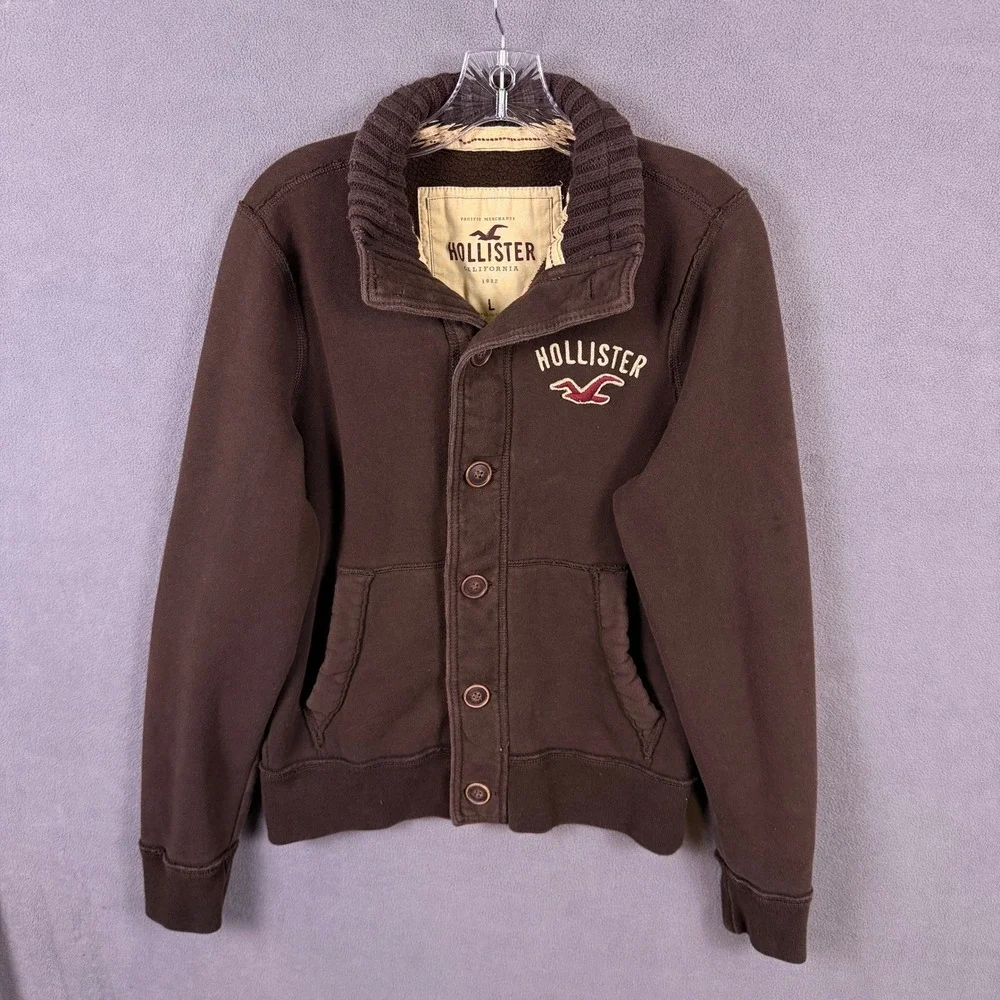 VTG Y2K Hollister Cardigan Mens Large Brown Fleece Lined Mock Neck Button Front